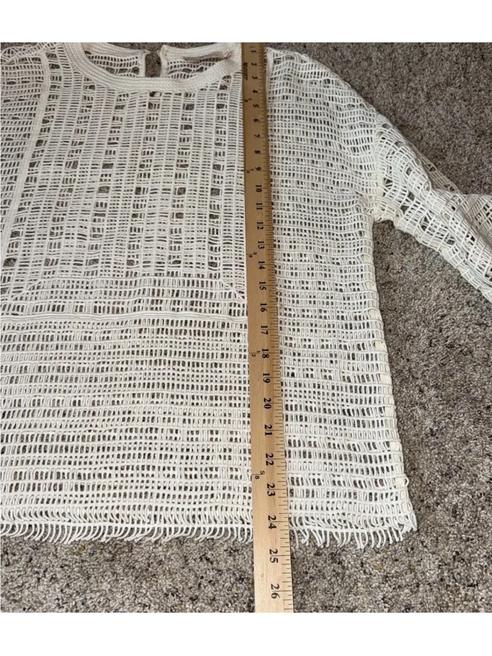 Tory Burch Open Knit Crochet Sweater M Ivory 100% Cotton 3/4 Sleeve Boho Coastal